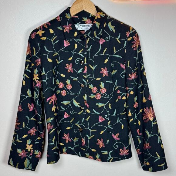 Vintage 100% Wool Embroidered Floral Structured Cropped Blazer Cottage Twee 90s - Picture 1 of 11